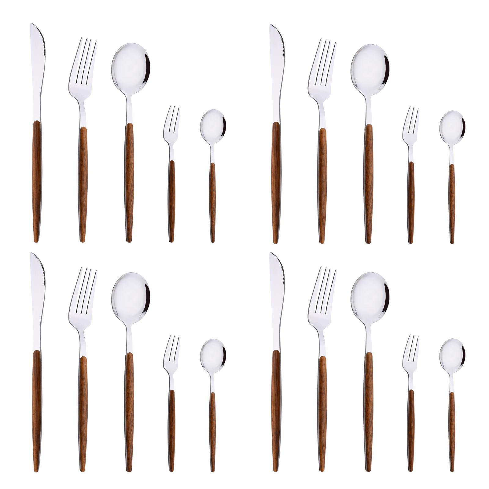 

Набор столовых приборов с ручками под дерево золотистого цвета, западный набор из нержавеющей стали, 20 шт., кухонный нож, вилка, ложка, набор посуды