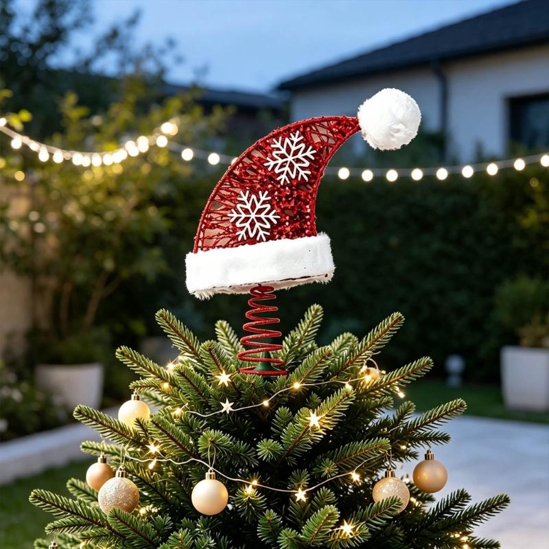 Santa Hat Tree Accent, Duals-View Metal Christmas Decoration with Red Shine and Two White Winter Motifs for Holiday Displays and Party Tree
