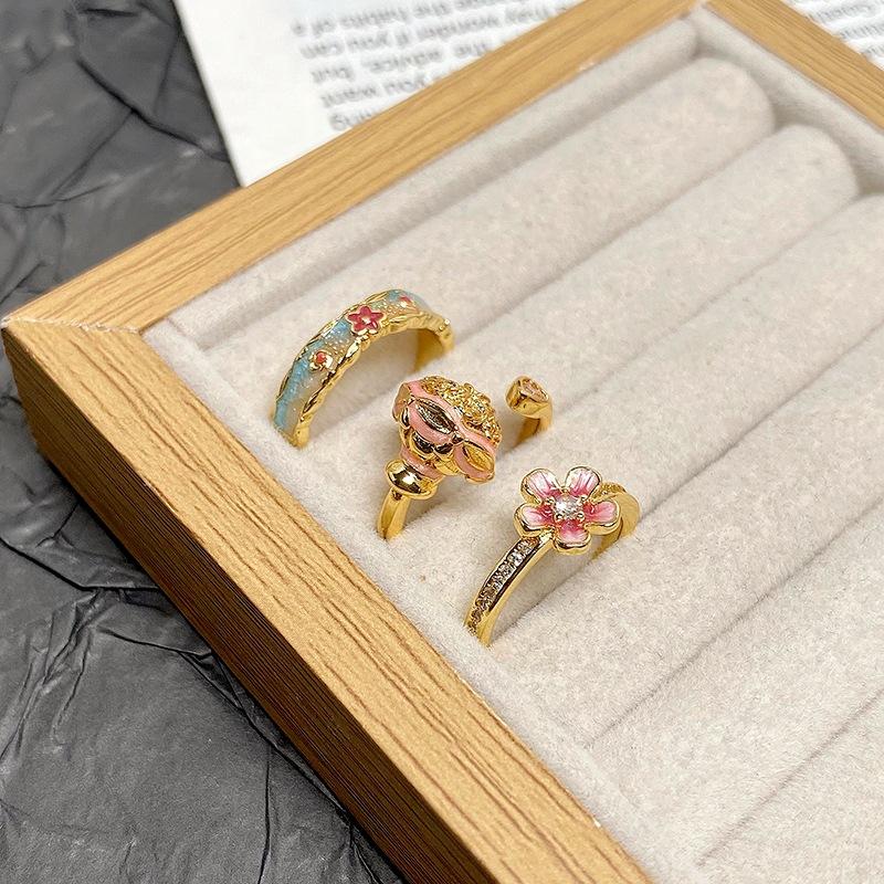 [Goldpuder Blumensprache] Mittelalterlich Vintage Nationaler Trend Emaille Tropföl Blume Öffnungsring Personalisierter Retro Finger