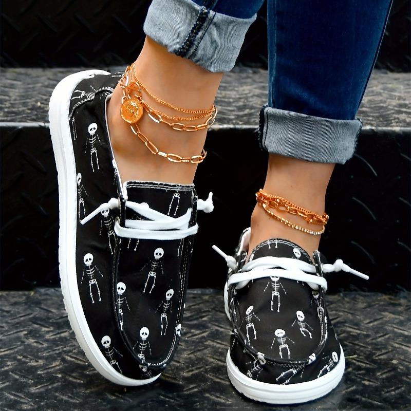 Women's Skeleton Men Print Shoes, Slip On Round Toe Low-top Non-slip Lightweight Canvas Shoes, Halloween Comfy Daily Shoes