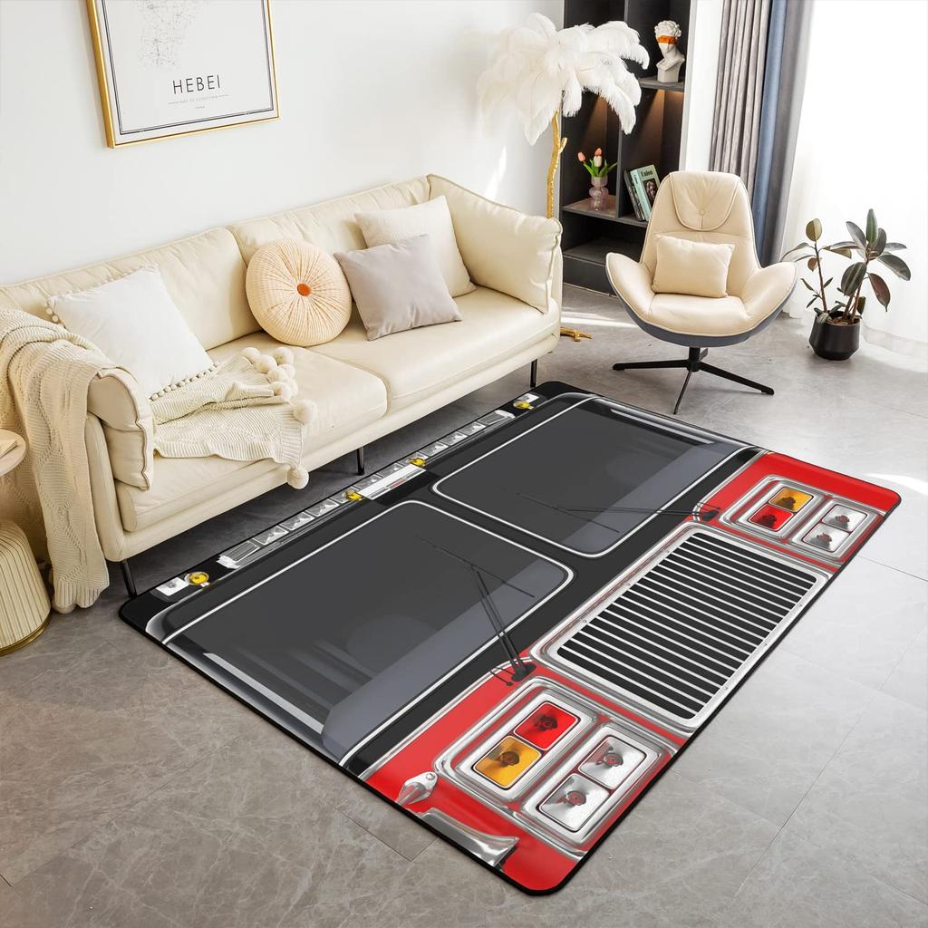 Firefighting Truck Area Rug, Fire Truck Carpet for Teen Boys, Cartoon Emergency Rescue Vehicle Floor Mat for Living Room Bedside