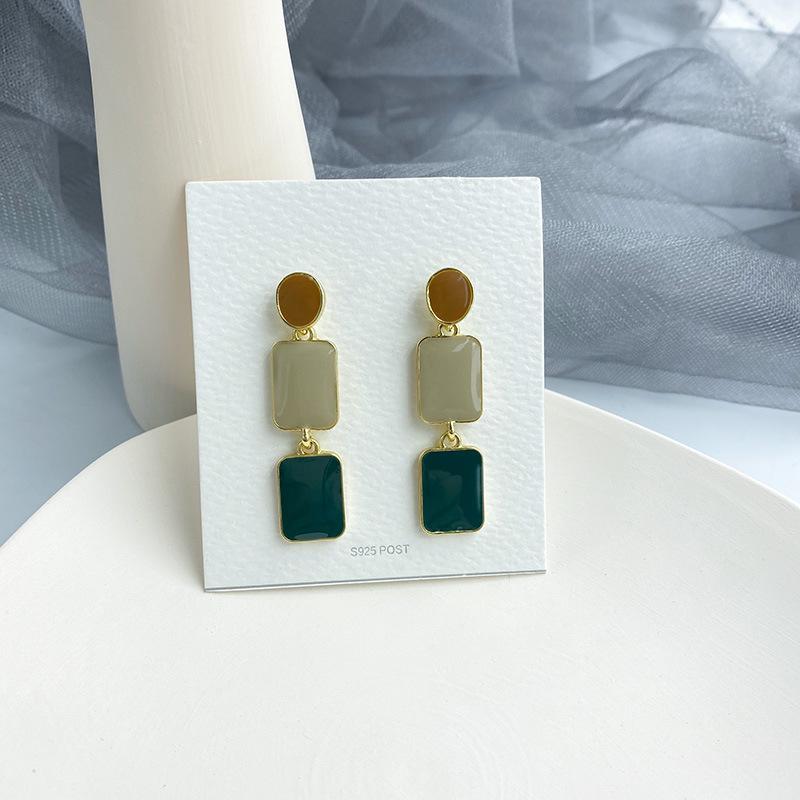 Contrasting Colors Square Dangle Earrings for Women Green Orange Enamel Oil Round Drop Earrings Party Sweet Jewelry Gift