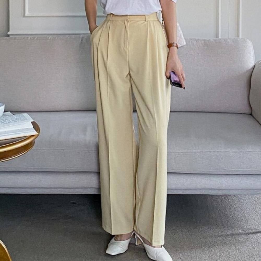 New Arrivals Open Run High Waist Women Pin Tuck Pants Straight Trousers