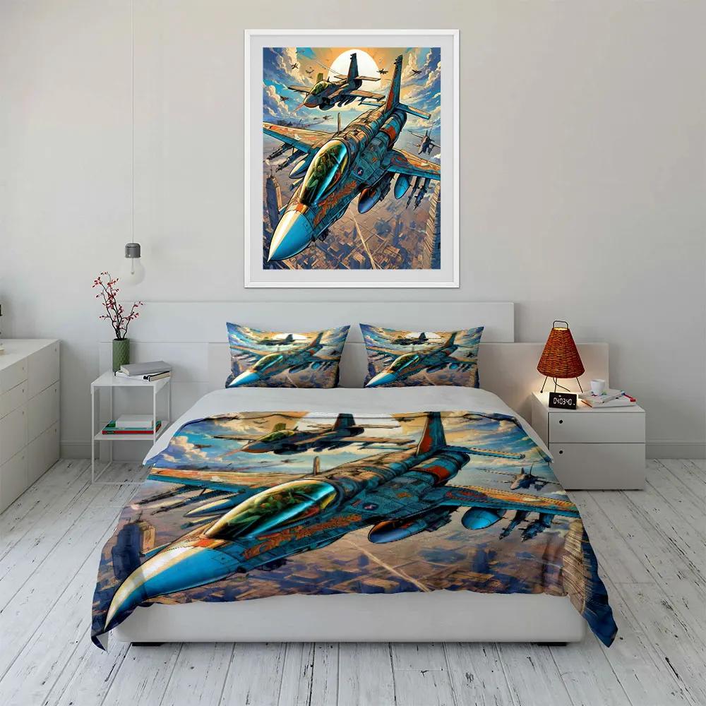 Fighter Jet Art Set Decor Bedding Set with 1 Duvet Cover 2 Pillowcases Single Double King Queen Gift