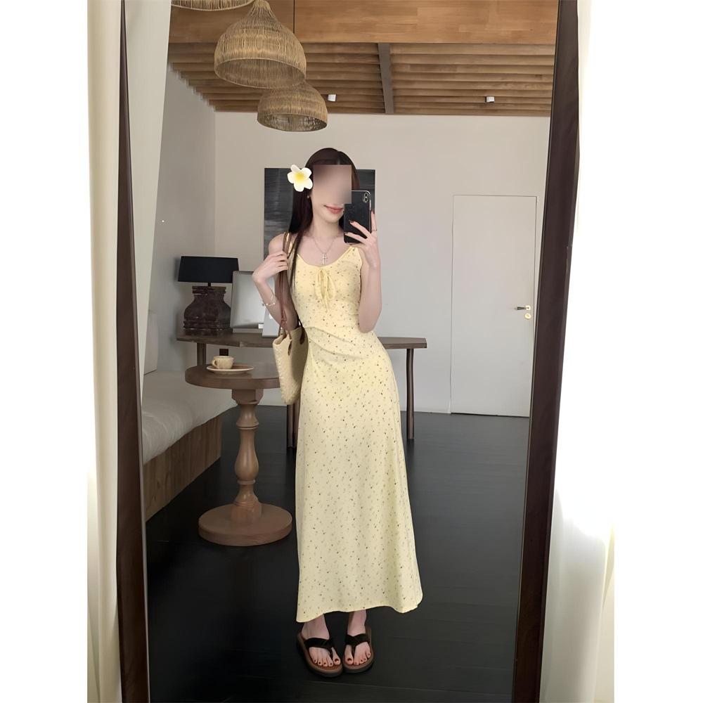 

Женский летний новый комплект платья-сарафана с нежным ветром, кардиган с длинными рукавами, рубашка от солнца, темпераментное женское платье с цветочным принтом и завышенной талией XL- (recommended 110-60kg)