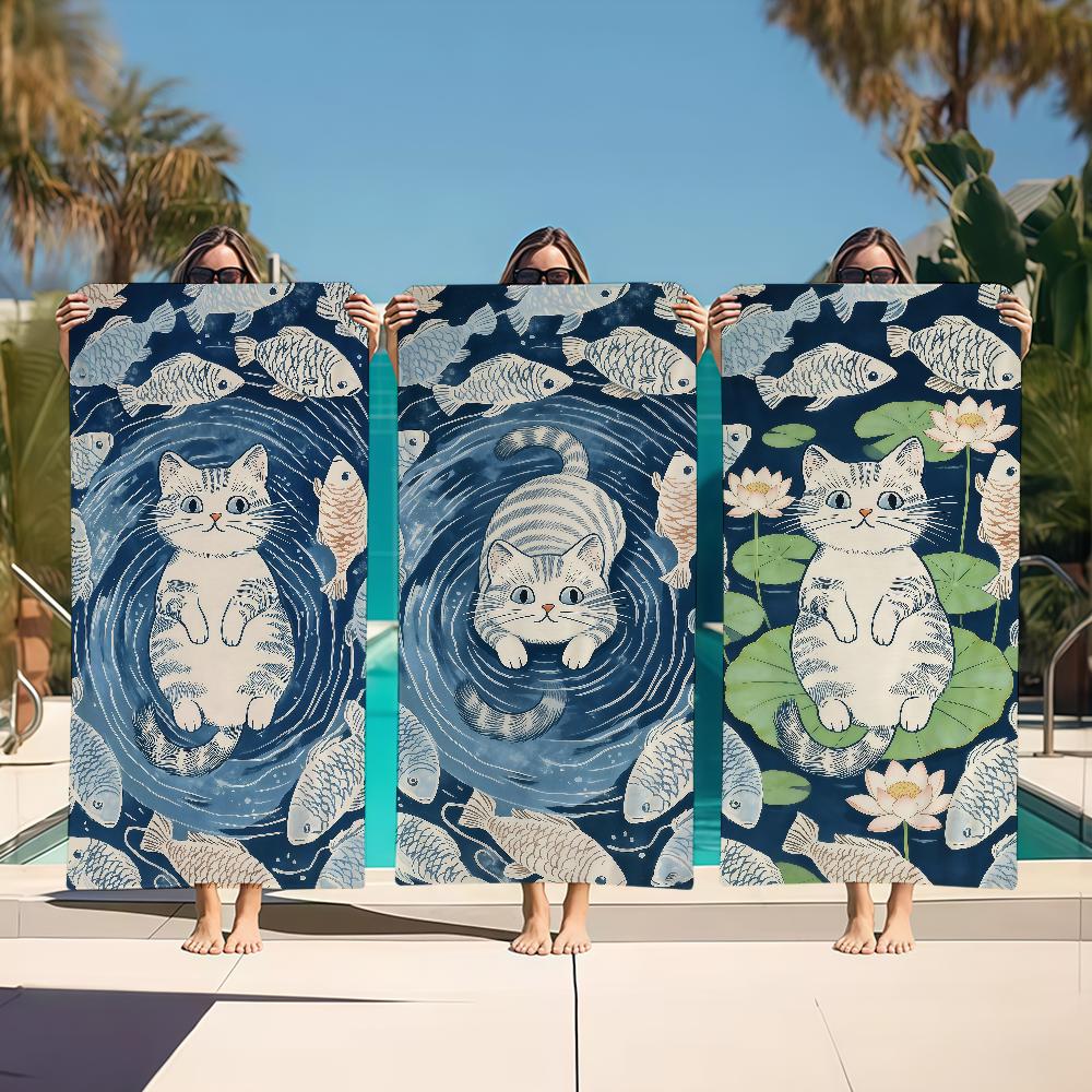 Fish Towel Textile Bathrobe Beach Pattern Quick-Drying Funny Cat Lightweight Portable Retro Camping Swim Pool Travel