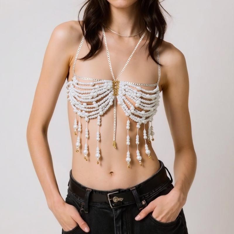 Stylish Pearls Beaded Tassels Halter Neck Bra Chain Crop Top Hollowed Out Body Jewelry Camisole Chest Chain for Festival