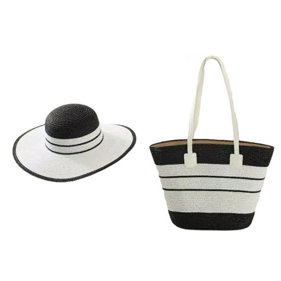 

Набор: Шляпа и Сумка-тоут, Полосатый принт, Соломенная шляпа с широкими полями, Ручная работа, Ротанг чёрный