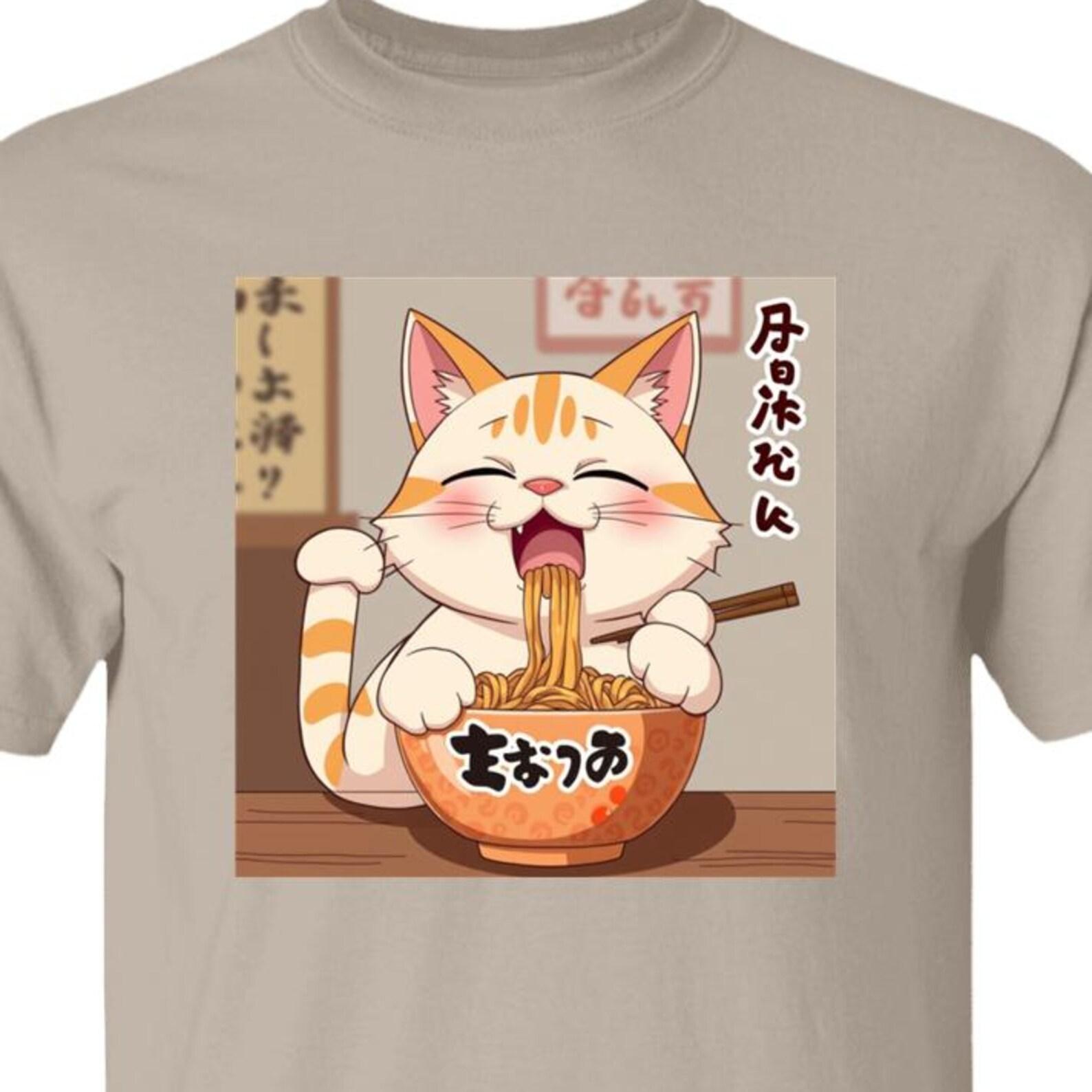 Kawaii Anime Cat Eating Ramen Noodles Graphic Tee - Funny Japanese Style T shirt for Cat Lovers 4XL