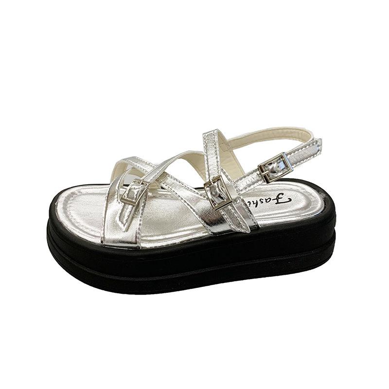 Popular Internet celebrity retro silver platform word cross sandals women 2025 new high sense heightened Roman sandals