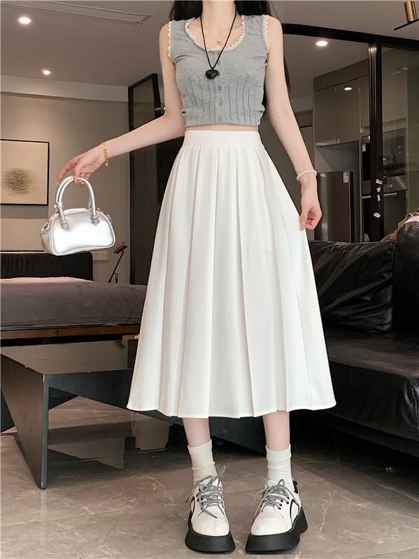 Chic Summer Pleated A-Line Skirt - Plus Size, Age-Reducing, Solid Color, Mid-Length