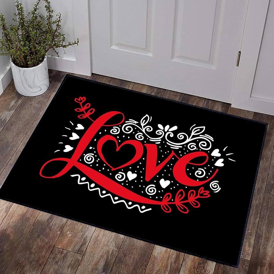 "One Love" Heart Script Door Mat Soft Non-Slip Floor Rug Romantic Sweet Letter Decor Carpet for Entryway Bathroom Kitchen Gift