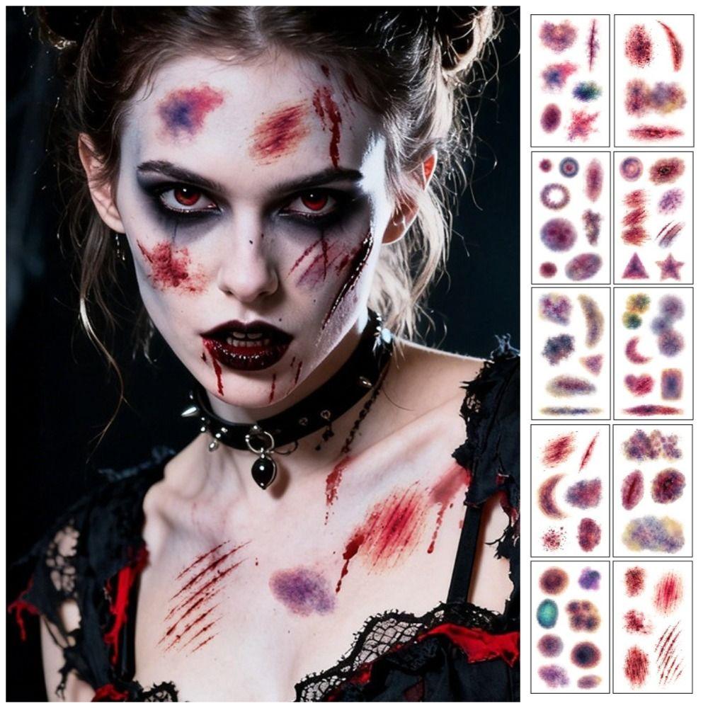 10 Sheets Waterproof Halloween Tattoo Sticker Scary Bloodiness Temporary Bruise Stickers Women Men