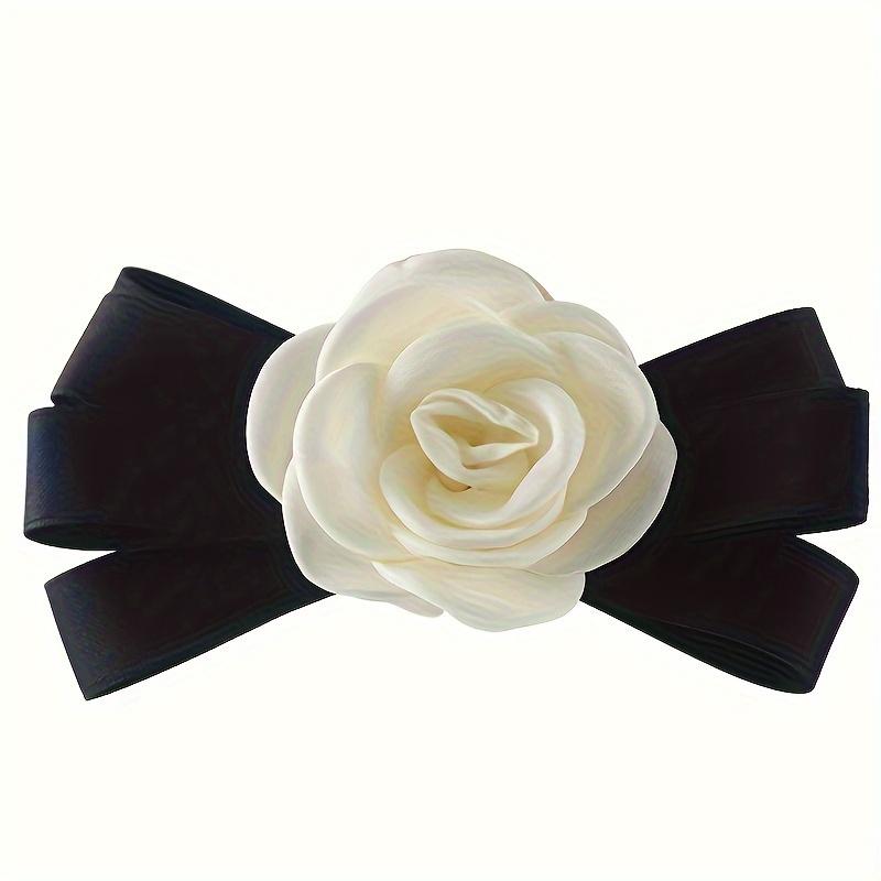 Elegant Floral Hair Claw Clip with White Camellia Flower and Black Bow - Plastic, Large Size, Birthday Festival Accessory