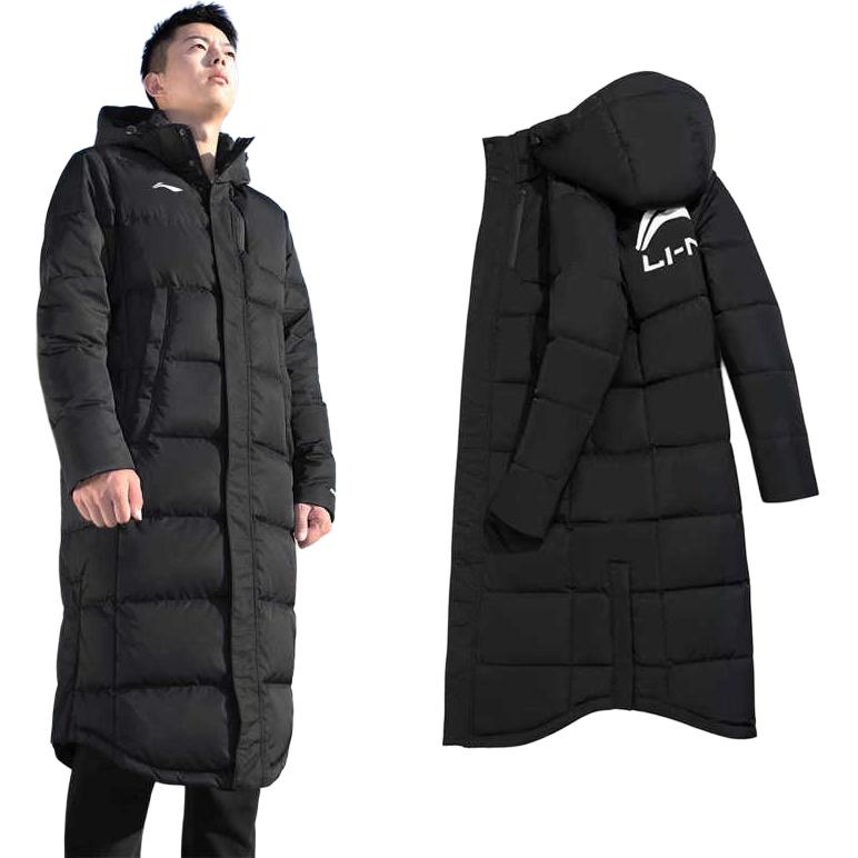 Li-Ning Knee-Length Warm Windproof Hooded Long Design Fashion Down Jacket Men Outerwear Black AYMP177