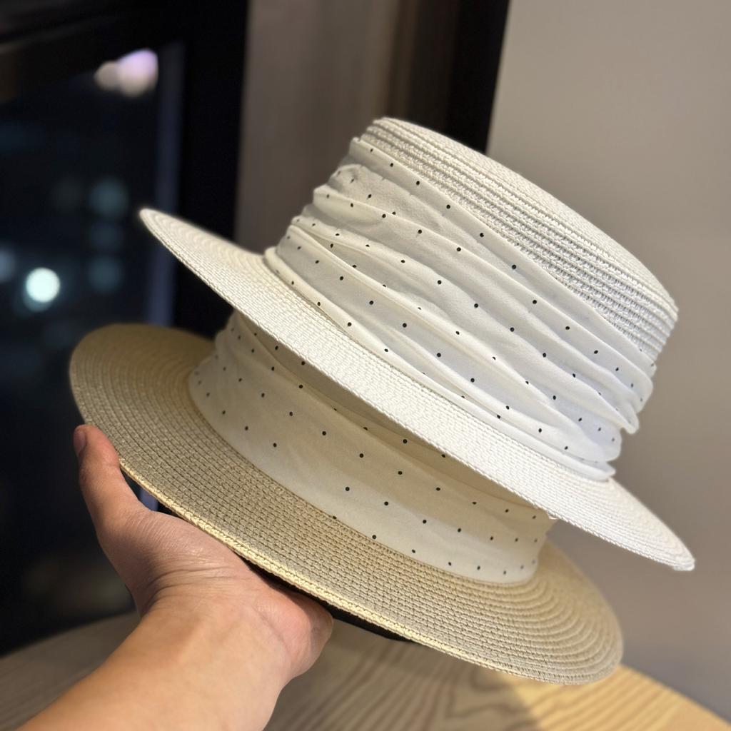 Elegant French Polka Dot Summer Sun Hat For Women Fashionable Flat Brim Beach Vacation Travel Headwear