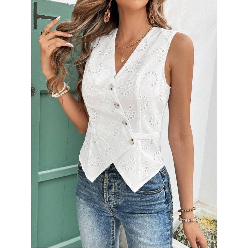 Moda Camisa de Encaje sin Mangas con Cuello en V Chaleco Cardigan Ajustado Color Sólido Gancho Flor Hueca Encaje Dulce Top Elegante Blanco Irregular Casual Ropa Sencilla