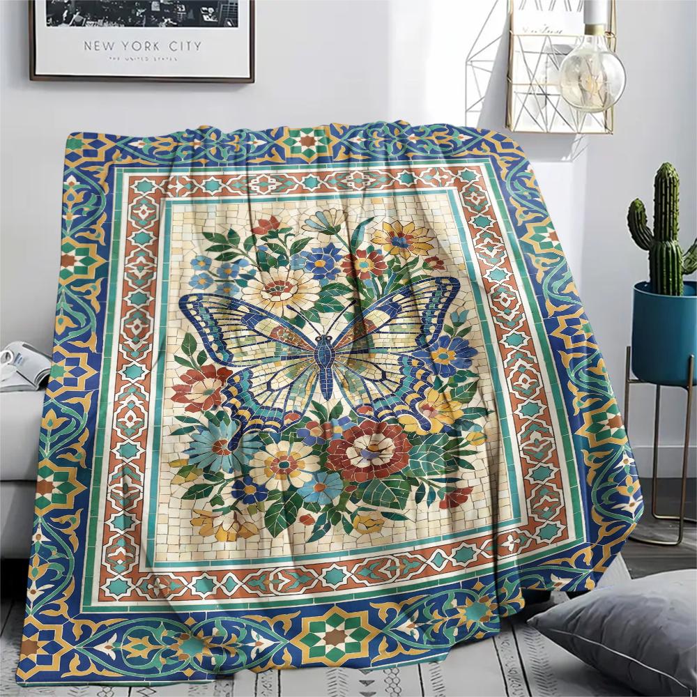 Moroccan Butterfly Print Flannel Blanket, High Quality Comfortable for All Seasons, Home Decor, Warmth and Comfort, Perfect for Christmas Gifts79