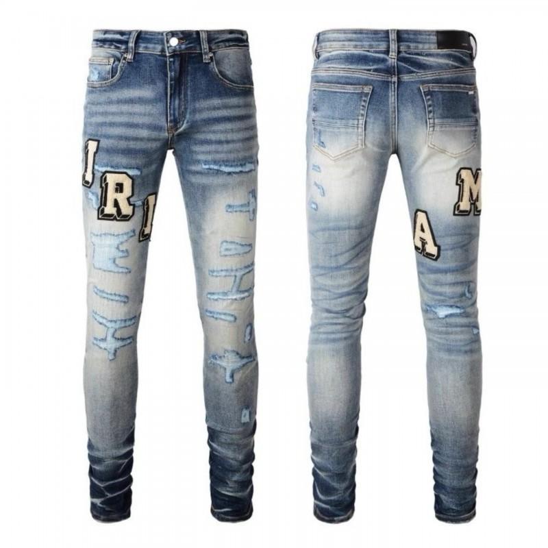 Jeans Skinny Stretch in Denim Strappato High Street da Uomo con Toppa Ricamata Stile Vintage