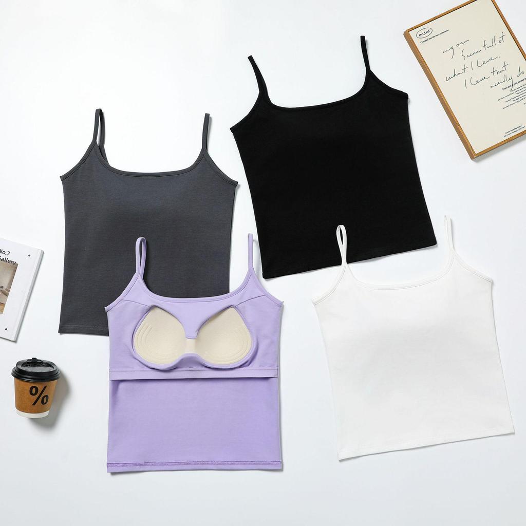 Women's White Camisole with Built-in Bra - Summer Slim Fit Versatile Base Layer