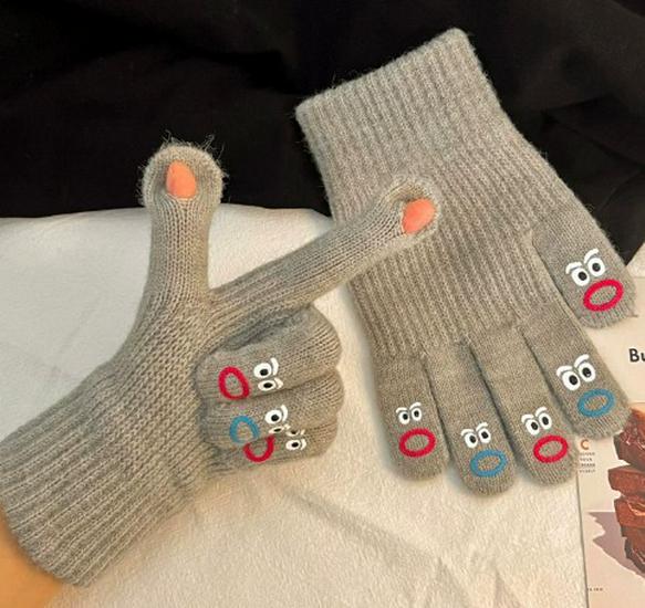 Funny Expression Fingerless Touchscreen Gloves for Women - Warm Knitted Wool for Autumn and Winter Cycling