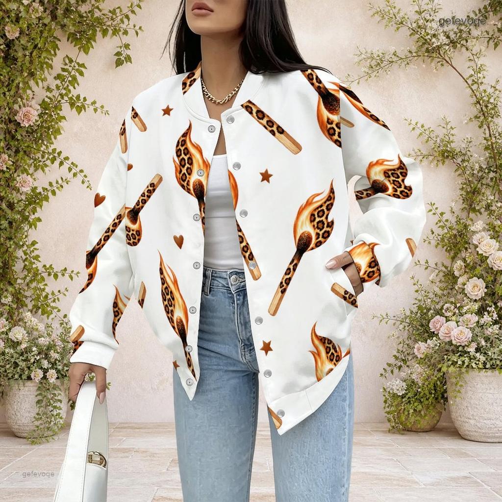 Women Plus Size Baseball Collar Printed Long Sleeve Button Front Varsity Jacket White With Pockets