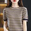 Women Summer Short Sleeve Striped Vintage T-Shirt Hollow Out Elegant Knitted Pullover