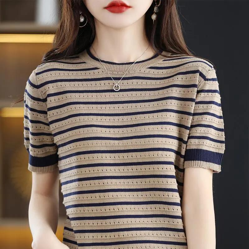 Women Summer Short Sleeve Striped Vintage T-Shirt Hollow Out Elegant Knitted Pullover