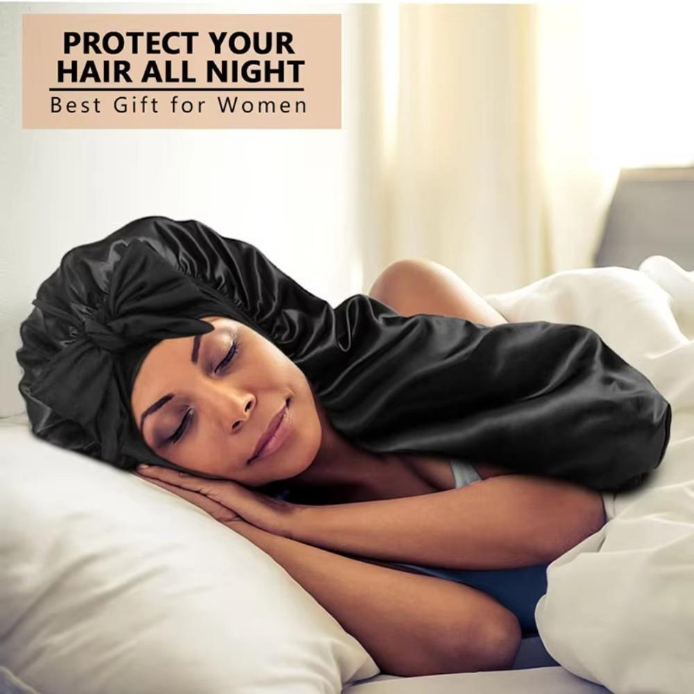 Silky Women Long Sleep Cap High Elasticity Sauna  Shower Caps Solid Color Satin Sleep Bonnet