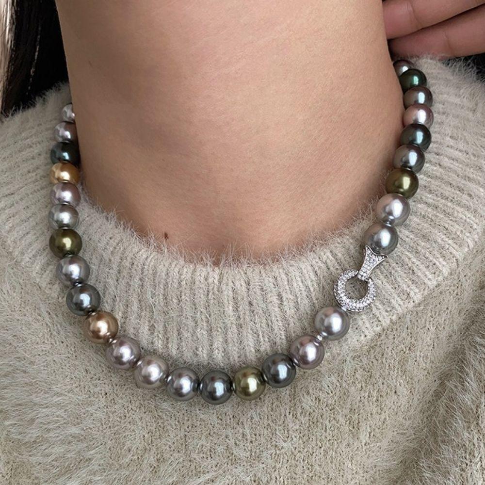High-gloss Mixed-Color Pearl Necklace Metallic Sheen Pearl Neckchain  Banquet