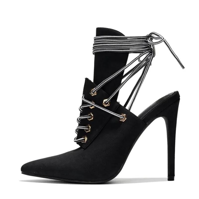 Fashion Fashion Blue Denim Cross Strap High Top Cool Boots European American Ankle Hollow Out Sexy Strap Pointed Party Sandals Size 43