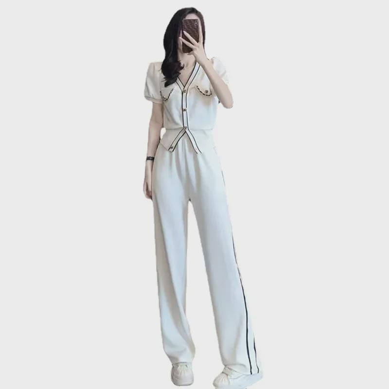 Goddess-Style V-Neck Casual Two-Piece Suit with Slim Wide-Leg Pants, 2025