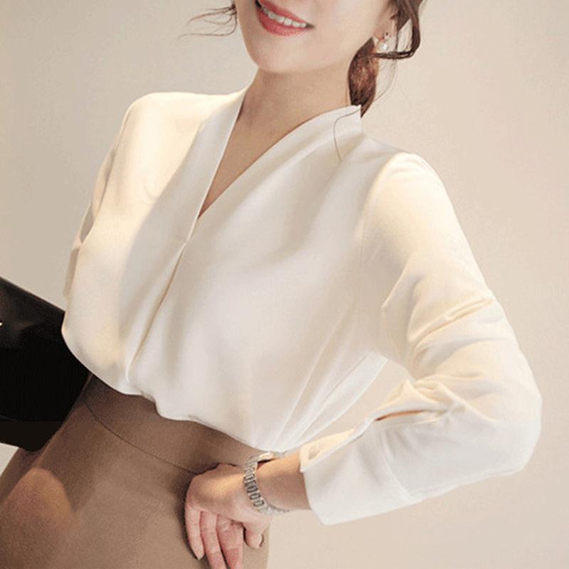 Korean Solid Color V-neck Long Sleeve Lady Chiffon Shirt Spring Autumn Elegant Simple Loose Fit Women's Commuting Shirt New