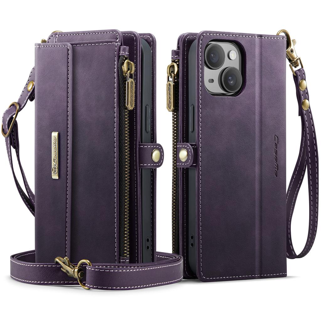 For iPhone 13 Mini 5.4 Inch Case CASEME C39 RFID Blocking Zipper Wallet Stand Leather Cover with Strap