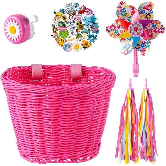 Kids Bike Basket, Bike Basket Front Bike Accessories for Girl Boys, Woven Bicycle Basket with Stickers, Bike Bell, Windmill, and 1pairs Colorful