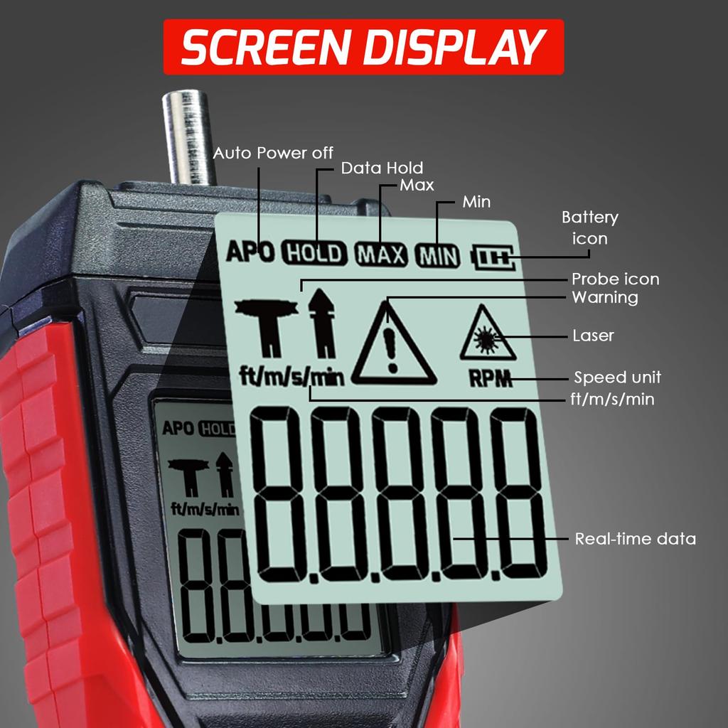 Digitaler Drehzahlmesser und Kontaktbereich Handheld-Geschwindigkeitsmesser mit U/min für Automobil-, Industrie- und HLK-Systeme 3-100.000 U/min, Berührungslos 3-19.999 U/min,