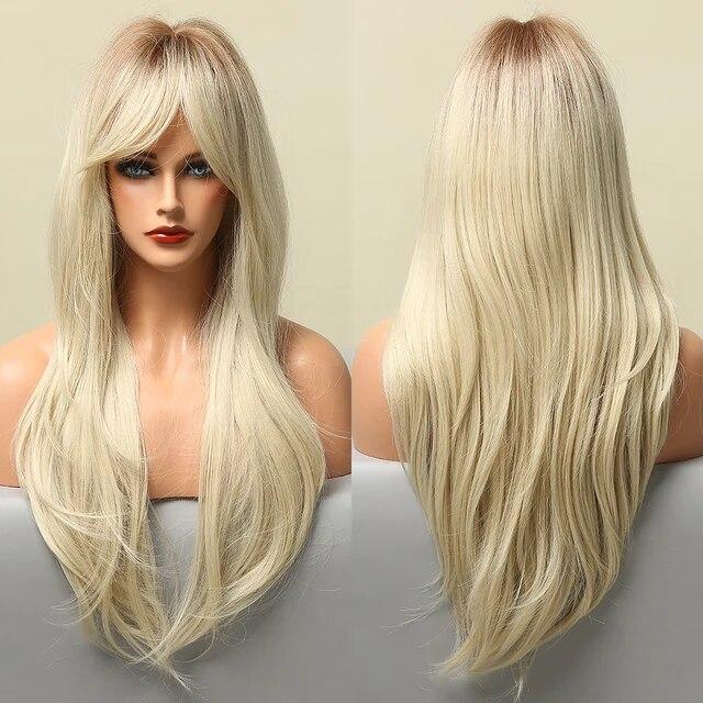 Long Wave Synthetic Wigs Ombre Black Blonde Wig with Side Bangs Heat Resistant Fiber Daily Party Hair Cosplay Wigs for Women