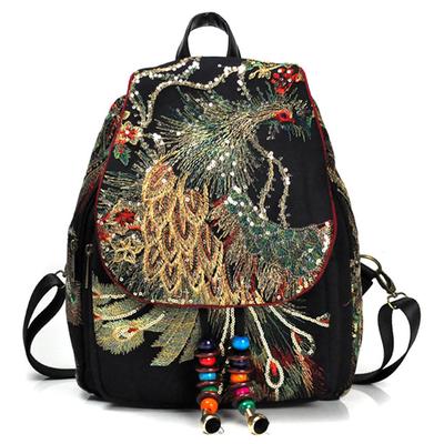 Vintage Women Backpack Embroidery Peacock Sequin Rucksack National Boho Beads Travel School Bag KTY