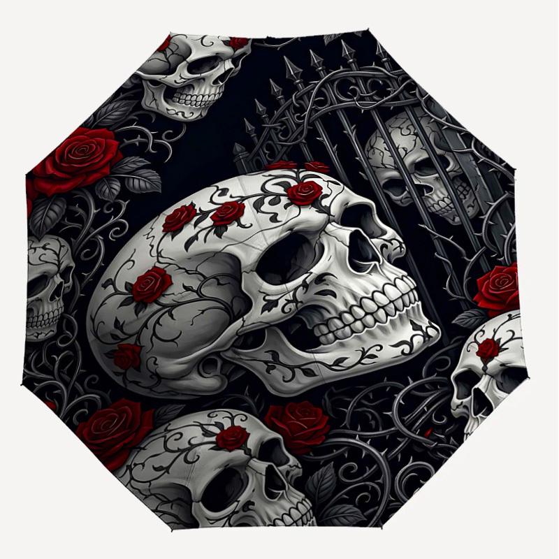 1PC Skulls Roses Umbrella-8-Rib Reinforced Portable Folding Travel Suitable for All Seasons Outdoor Daily Use Is an Ideal Choice -K0384