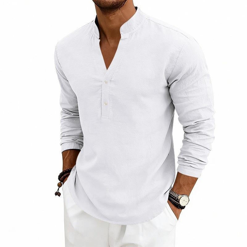 Nueva Colección de Lino de Otoño: Camisa Henley Casual para Hombre, de Corte Holgado y Transpirable, con Cuello en V