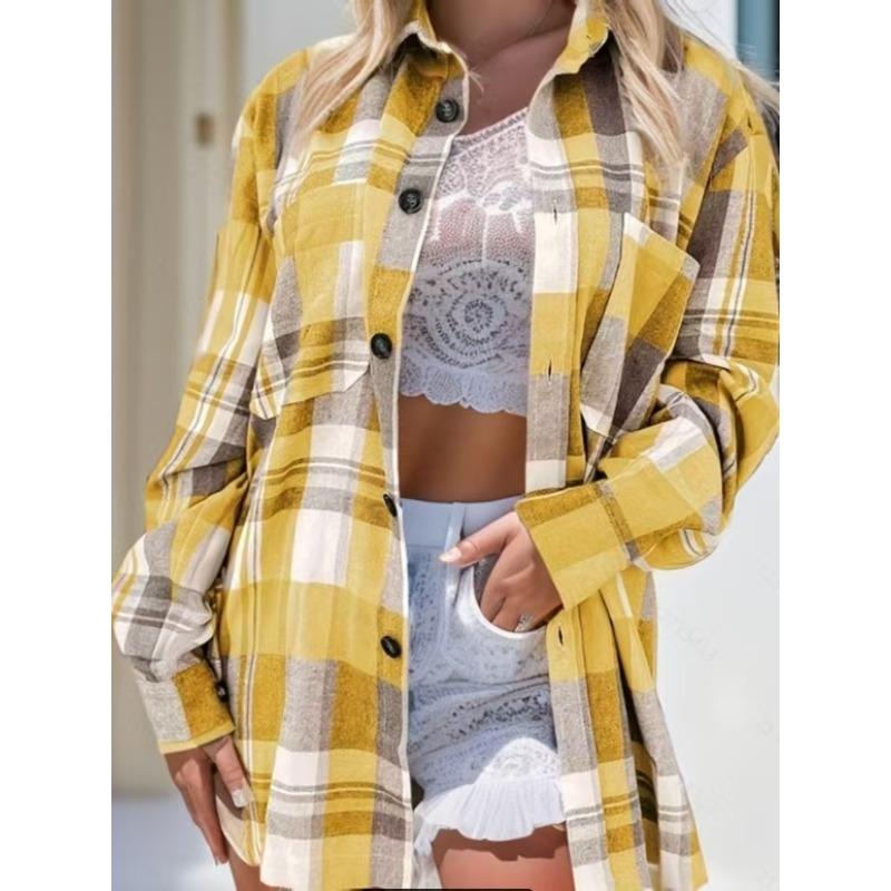DAFIFY Women's Fashion Casual Spring Autumn Plaid Print Long Sleeve POLO Neck Blouses & Shirts