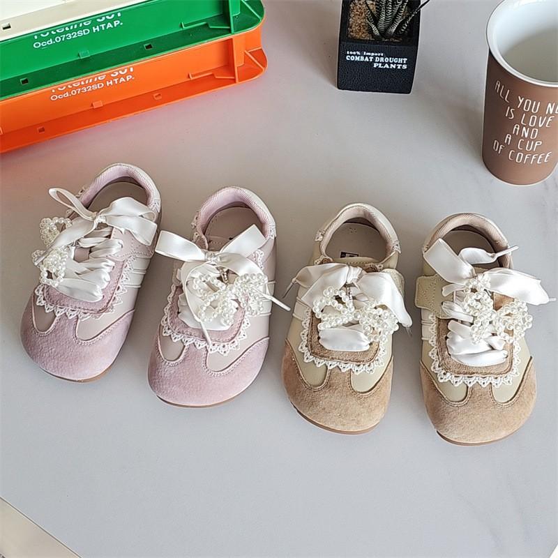 Girls' Korean-style children's sneakers, new spring and autumn German training shoes, pearl lace single shoes, baby walking shoes