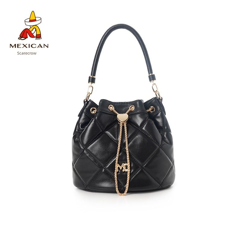 

Mexican 2025 Summer New Full-grain Leather Women Bucket Bag Shoulder Messenger Bag Rhombus Light Luxury High-Grade Bag Black