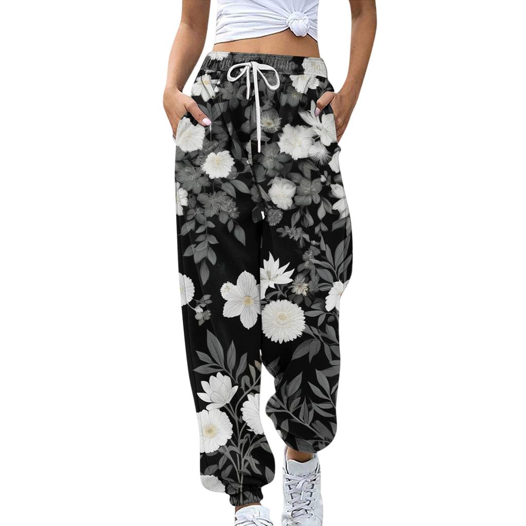 Women's Sports Pants With Pockets Fashion Floral Print Elastic Waist Pants Casual Sweatpants Pants