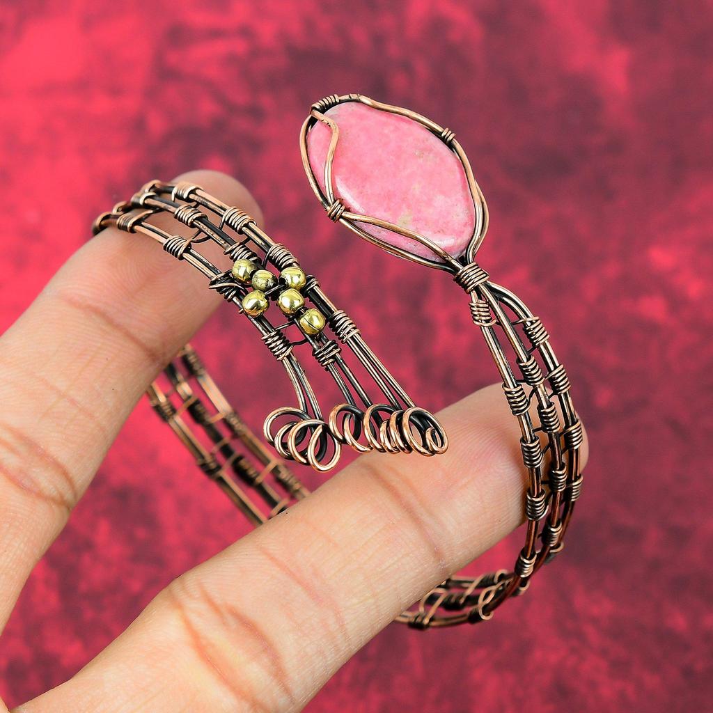 Thulite Cuff Bracelet Copper Wire Wrapped Bangle Gemstone Jewelry Adjustable Cuff Bracelet Handmade Bangle Copper Wire Jewelry Gifts For Him
