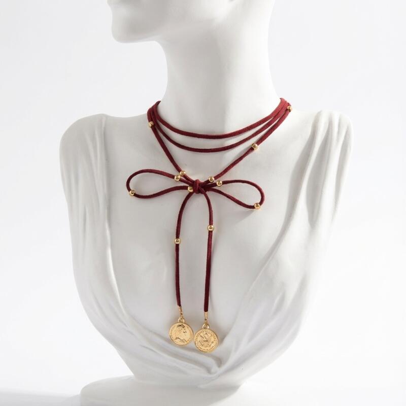 Retro Red Velvet Long Bowknot Necklaces for Women Ladies Gold Color Portrait Coin Pendant Necklaces Sweater Chains Jewelry Gift