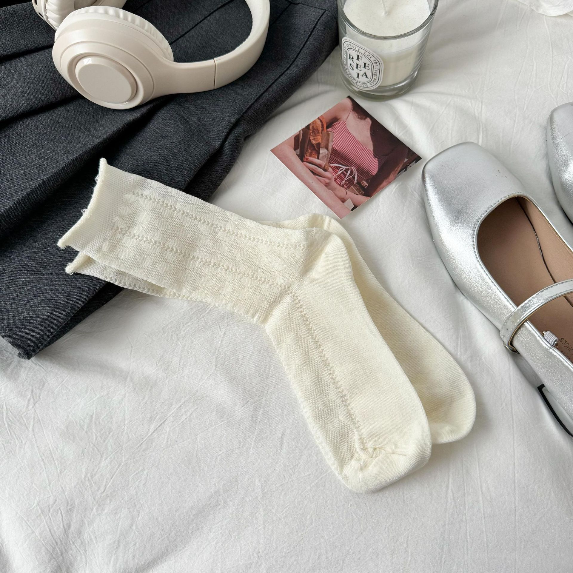 

Socks Summer Thin White Mid-Leg Socks Cotton Socks With Small Leather Shoes In Spring And Autumn To Absorb Sweat One size fits all