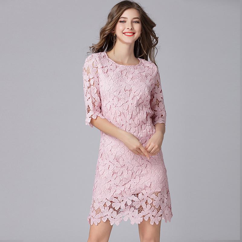 Rochie Roz Casual Mărimi Mari din Dantelă Solubilă în Apă pentru Persoane de Vârstă Mijlocie și Vârstnice