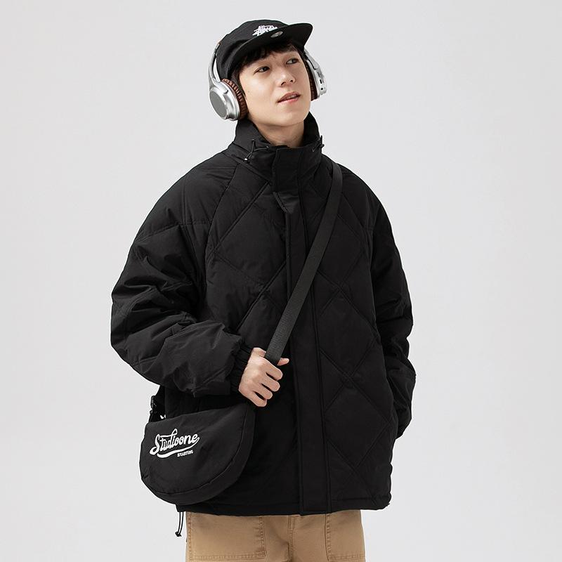 Winter trendy brand rhombus stand-up collar tooling white duck down jacket men's warm satchel 90 white duck down couple thick coat