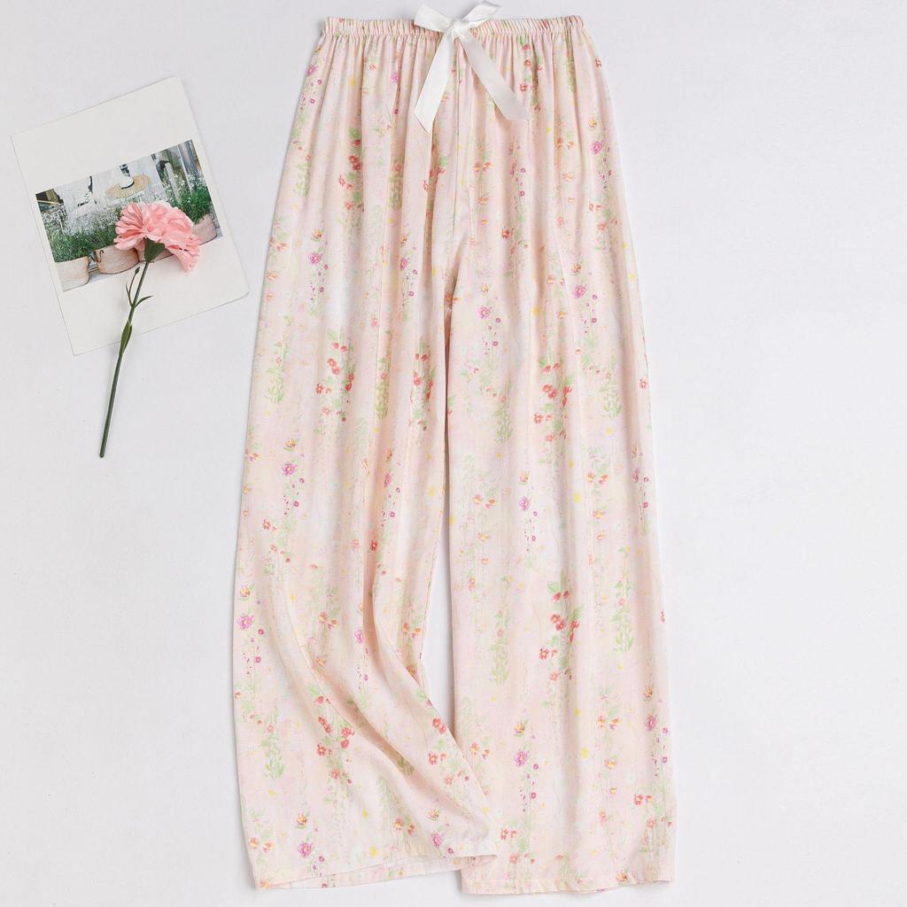 Women's Floral Cotton Silk Pajama Pants, Mosquito Repellent, Outdoor & Home Wear, Plus Size, Lightweight Summer Style.
